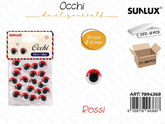 Occhi Dec. c/ Ciglia Rosso 20PCS D.12MM