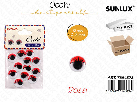 Occhi Dec. c/ Ciglia Rosso 12PCS D.15MM