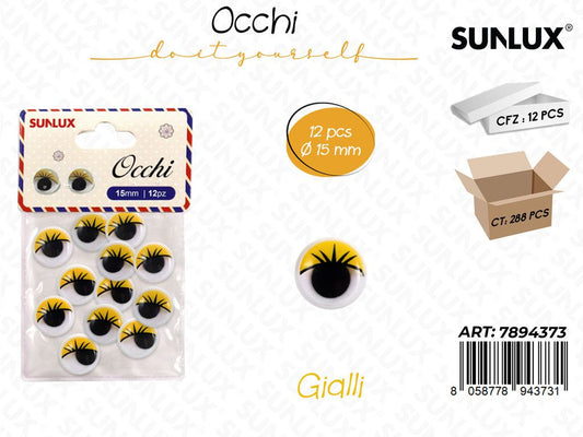 Occhi Dec. c/ Ciglia Giallo 12PCS D.15MM