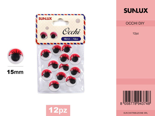 Occhi con Ciglia a Colore Rossa Adesivo 15MM 12PCS 12PZ