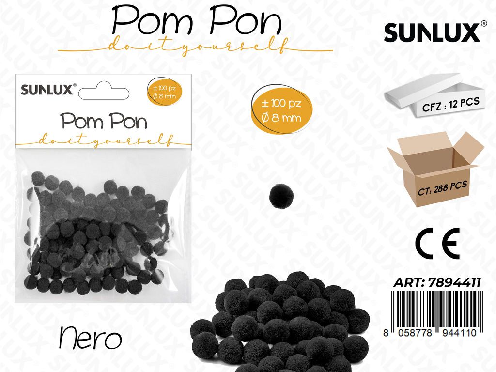 Pompon Diy 0.80CM 100PC Nero