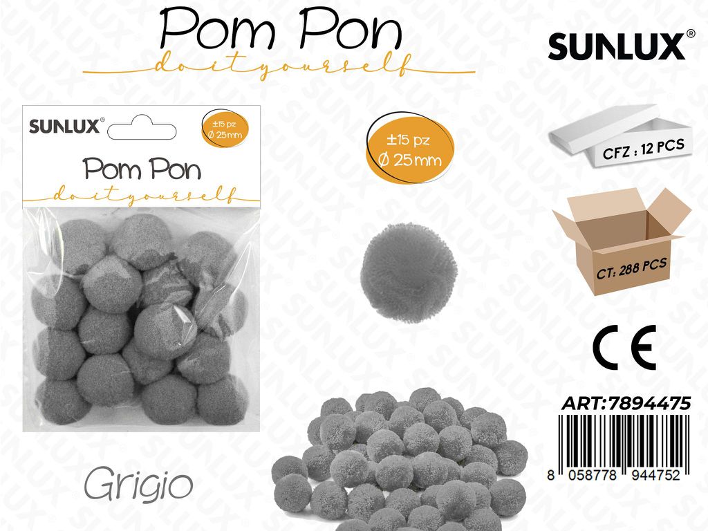 Pompon Diy 2.5CM 15PC Grigio