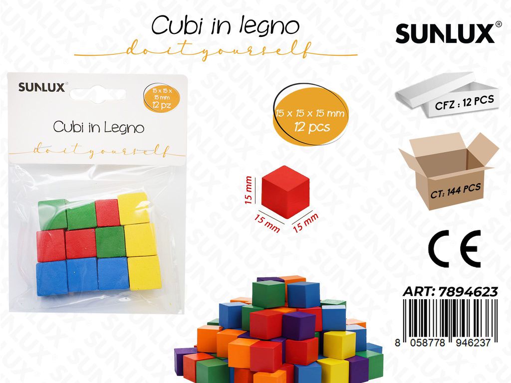 Cubi in Legno Col. Ass. 12PCS 15*15*15MM