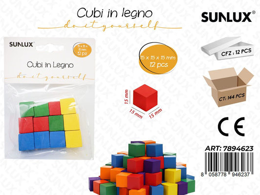 Cubi in Legno Col. Ass. 12PCS 15*15*15MM