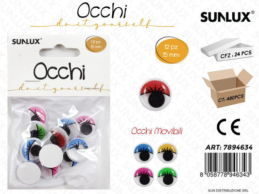 Occhi Dec.colorati 12PC D.15MM