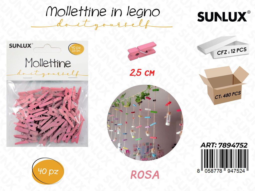 Sunlux Mollettine Legno Rosa 40PCS 2.5CM