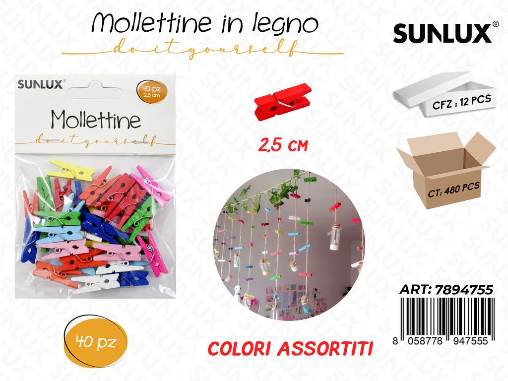 Sunlux Mollettine Legno Col. Ass. 40PCS 2.5CM