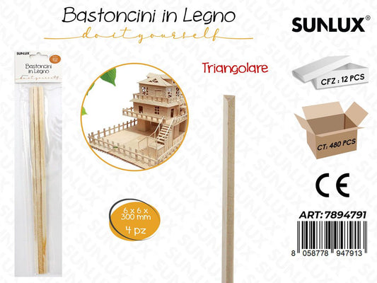 Sunlux Bastoncini Legno Triang. 4PCS 6*6*300MM