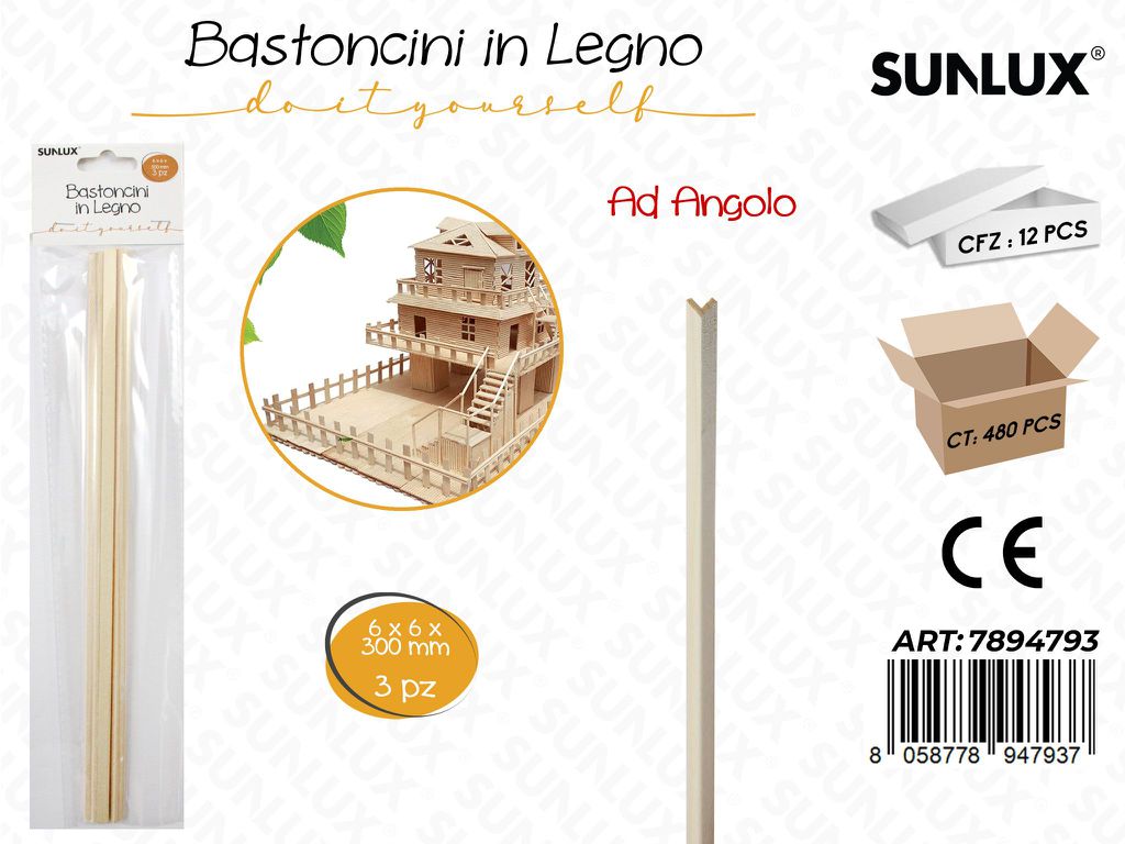 Sunlux Bastoncini Legno Ang. 3PCS 6*6*300MM