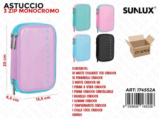 ASTUCCIO MONOCR. PASTEL 3ZIP ASS. 13.5*6.5*20CM