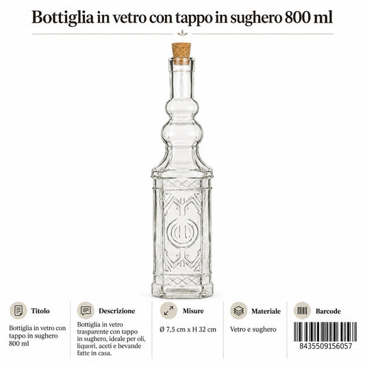 105605 Bottiglia In Vetro Naturale Quadrata Con Tappo In Sughero 800 Ml