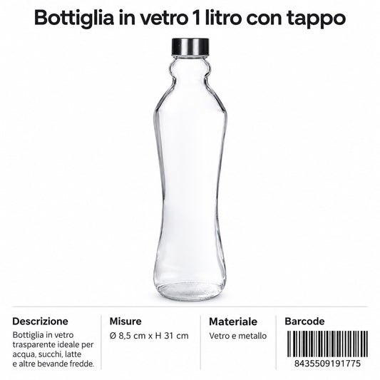 Borraccia Dacqua Vetro 1000Ml C/Tappo Acciaio