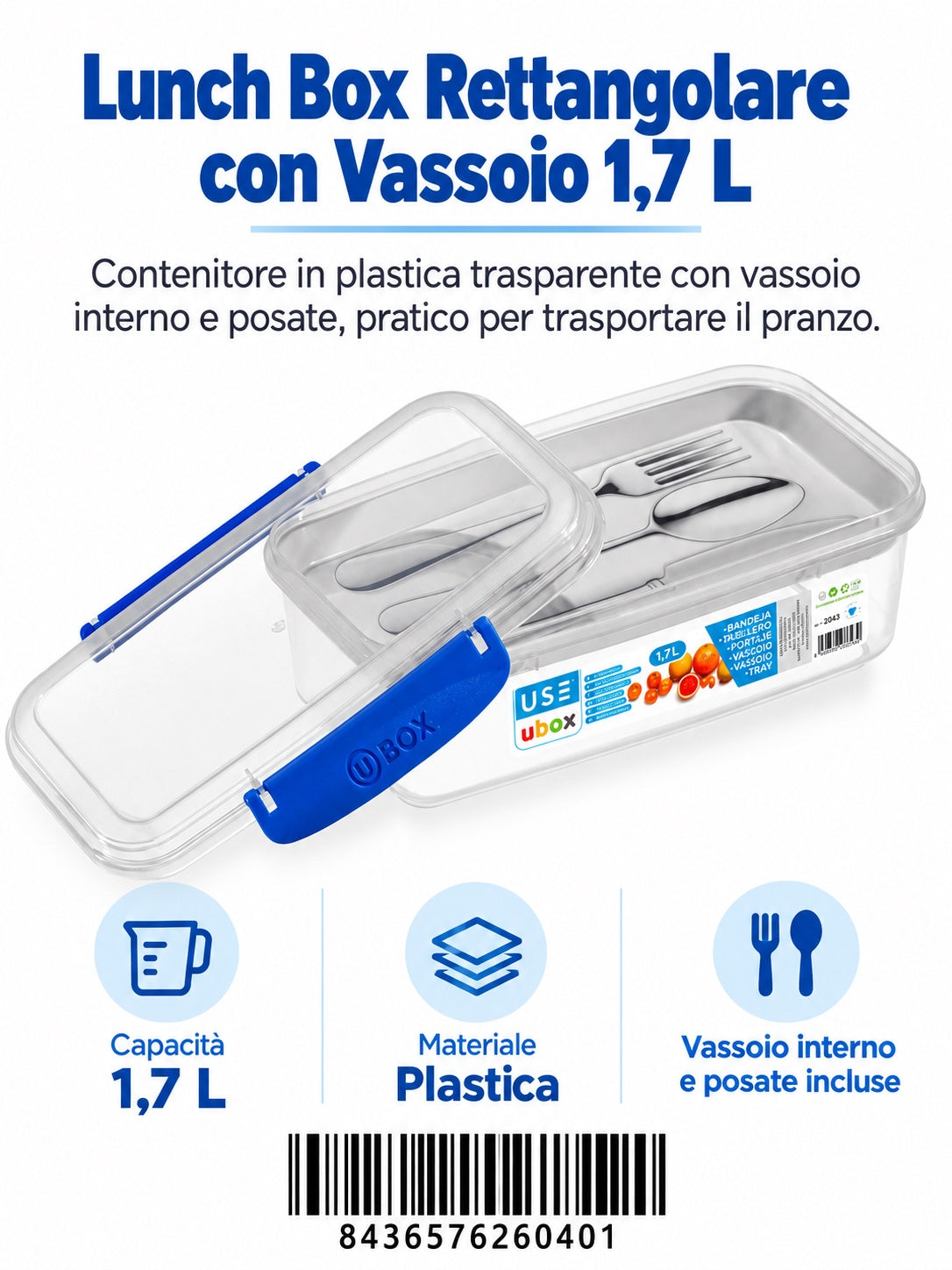2040 Ubox 1,7L Rettangolare Allungato + Vassoio