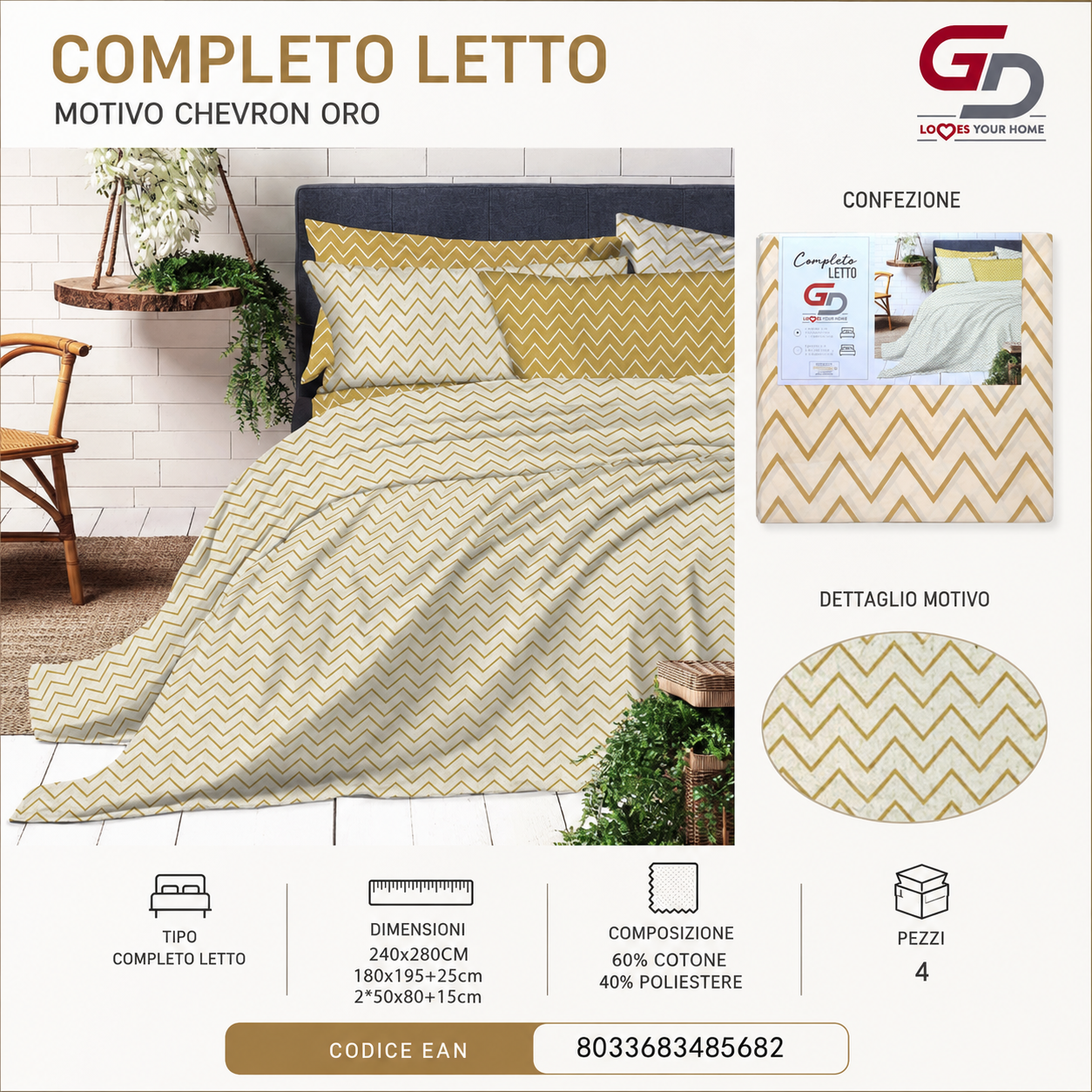 Completo Letto Matrimoniale 240X280/180X195+25/2X50X805 Mz-298-Ltm Sheetset 60 Cotone 40 Poliestere