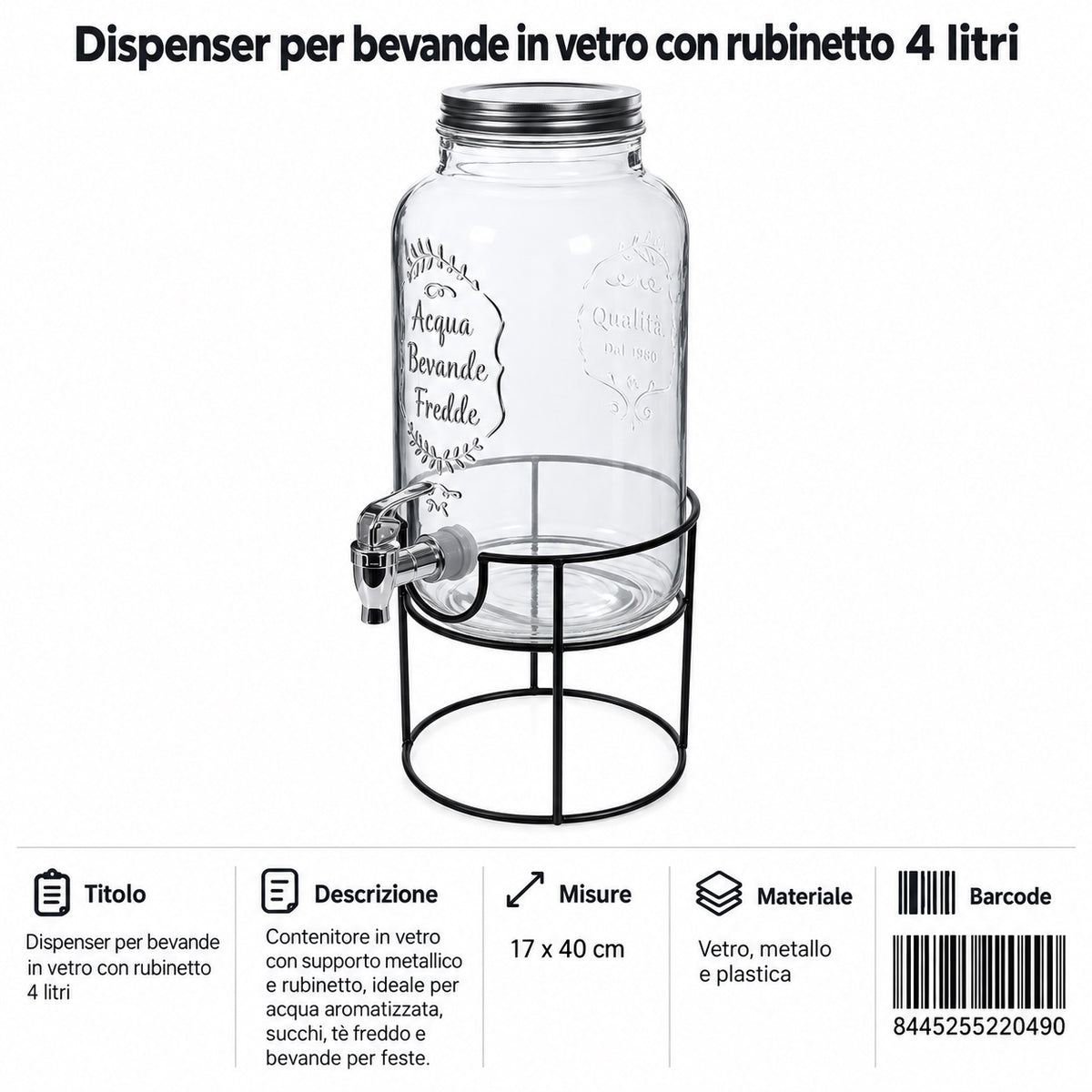123207 Bottiglia Dispenser Per Bevande In Vetro Con Rubinetto E Supporto Da 4 Litri