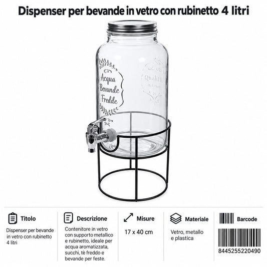 123207 Bottiglia Dispenser Per Bevande In Vetro Con Rubinetto E Supporto Da 4 Litri