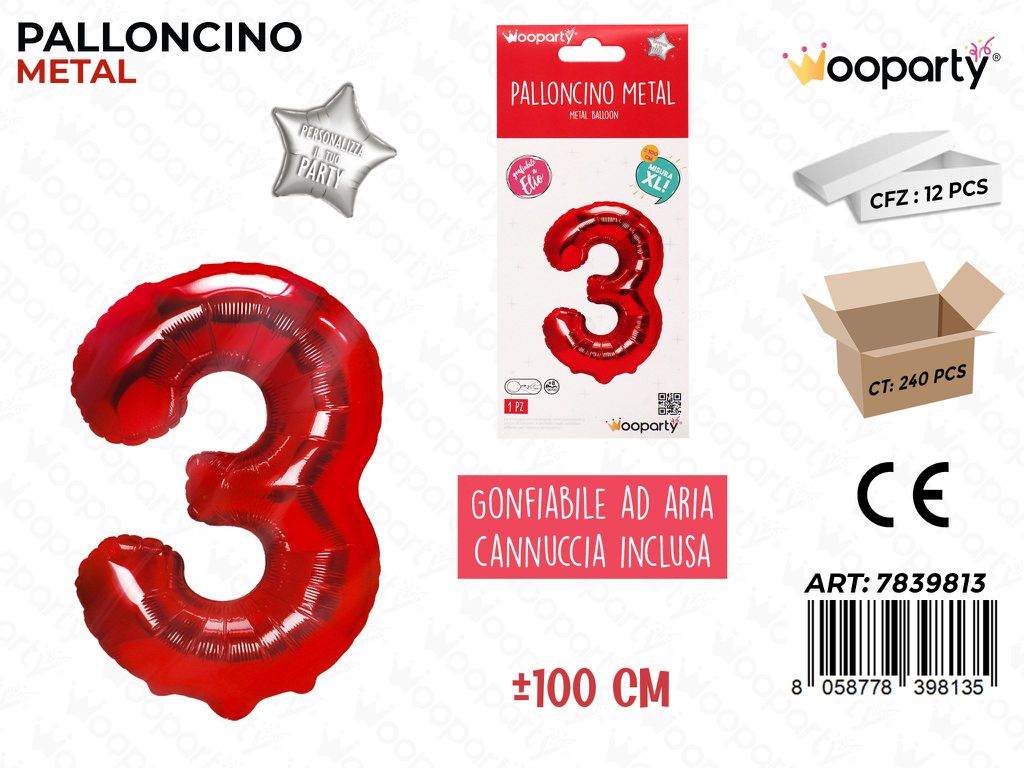 Palloncino Metal Rosso N. 3 100CM