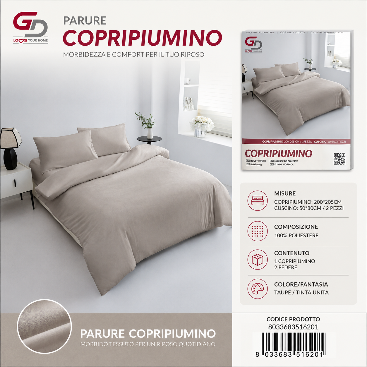 Parure Copripiumino Copripiumino+2 Federe Cuscino 200*205Cm 50*80+20Cm