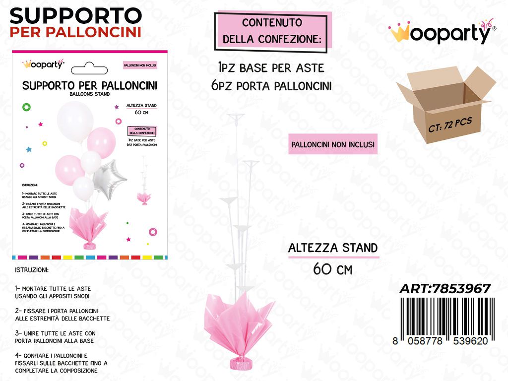 Wooparty Supporto Palloncini Rosa 60CM
