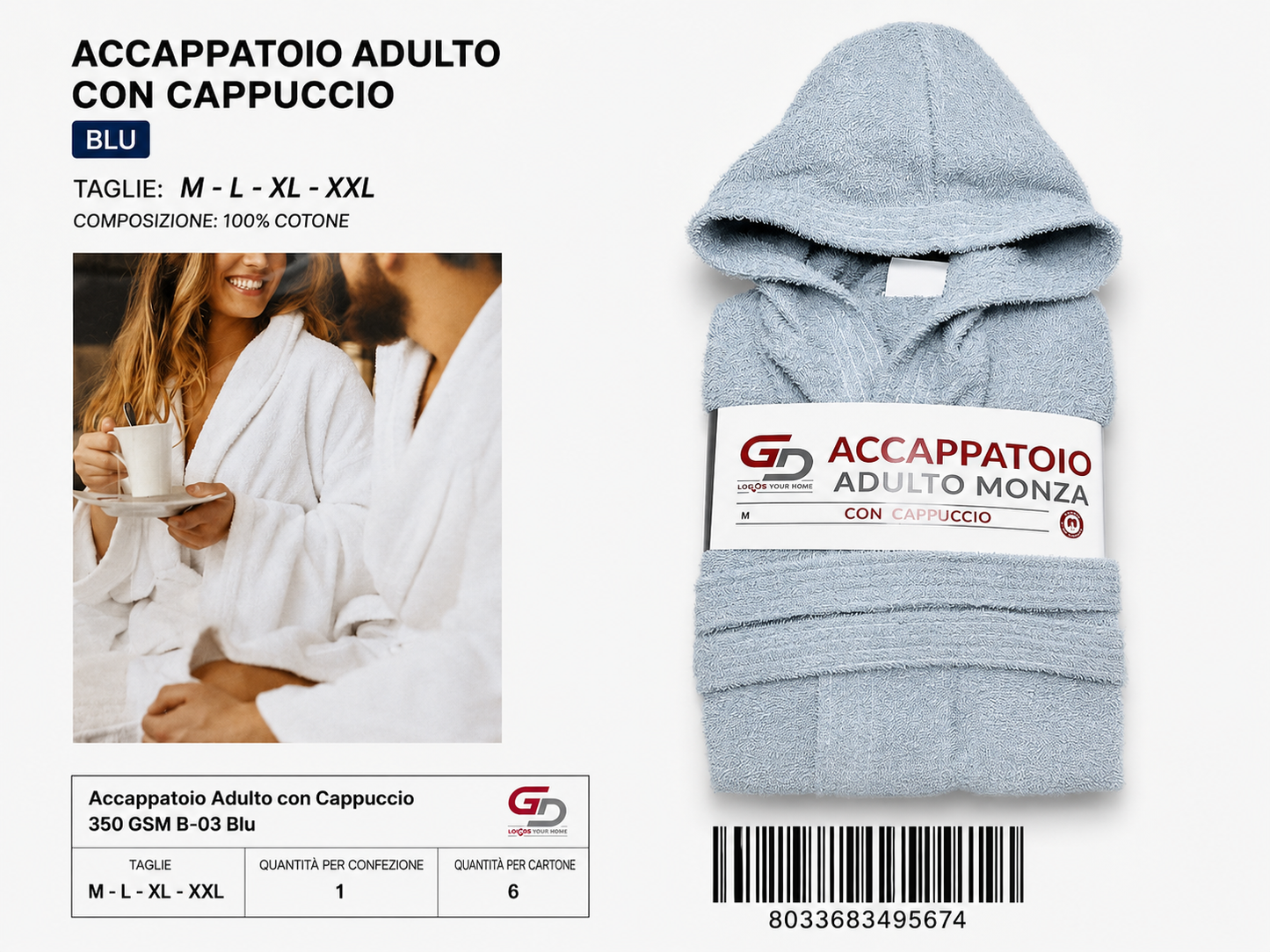 Accappatoio Hooded Bathrobe 350 Gsm B-03 Blue