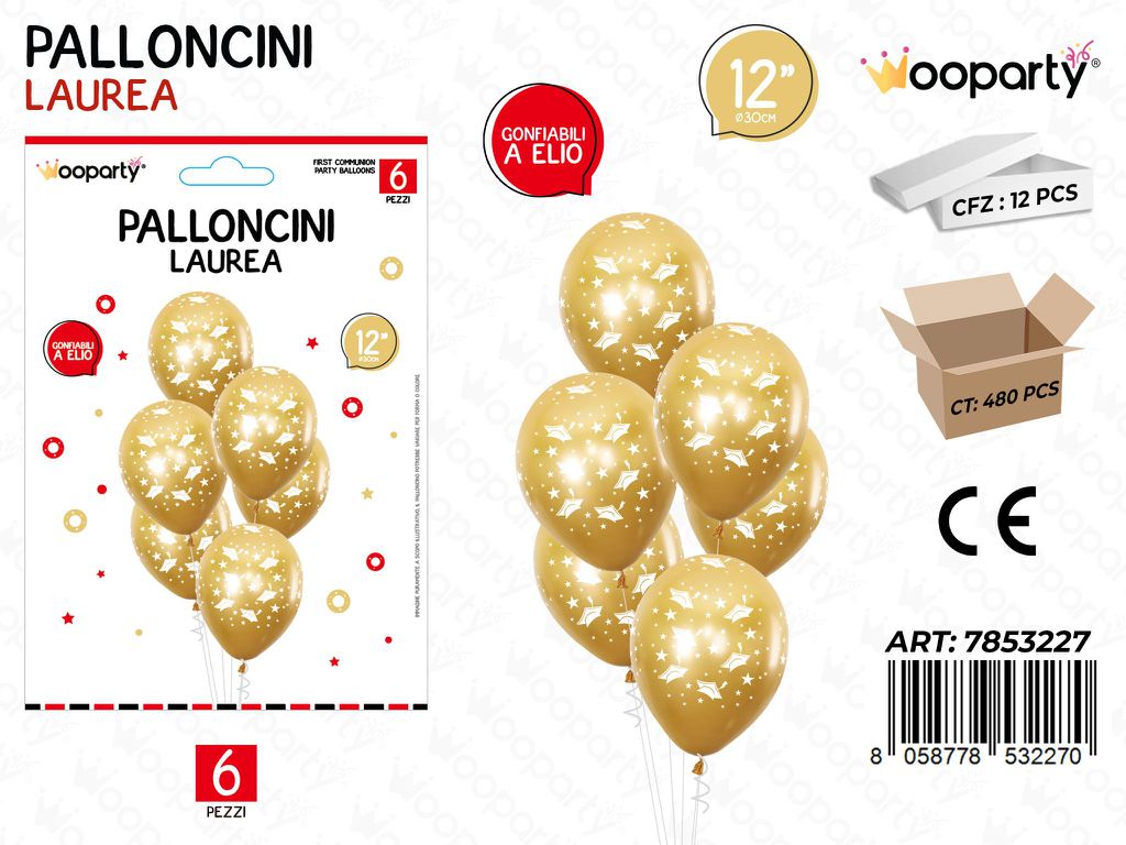 Wooparty Palloncini Laurea Oro 6PCS 30CM