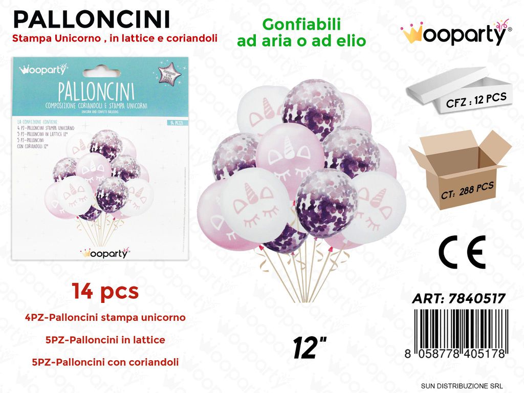 Palloncini Comp. c/ Coriand. e Unicorn 14PCS