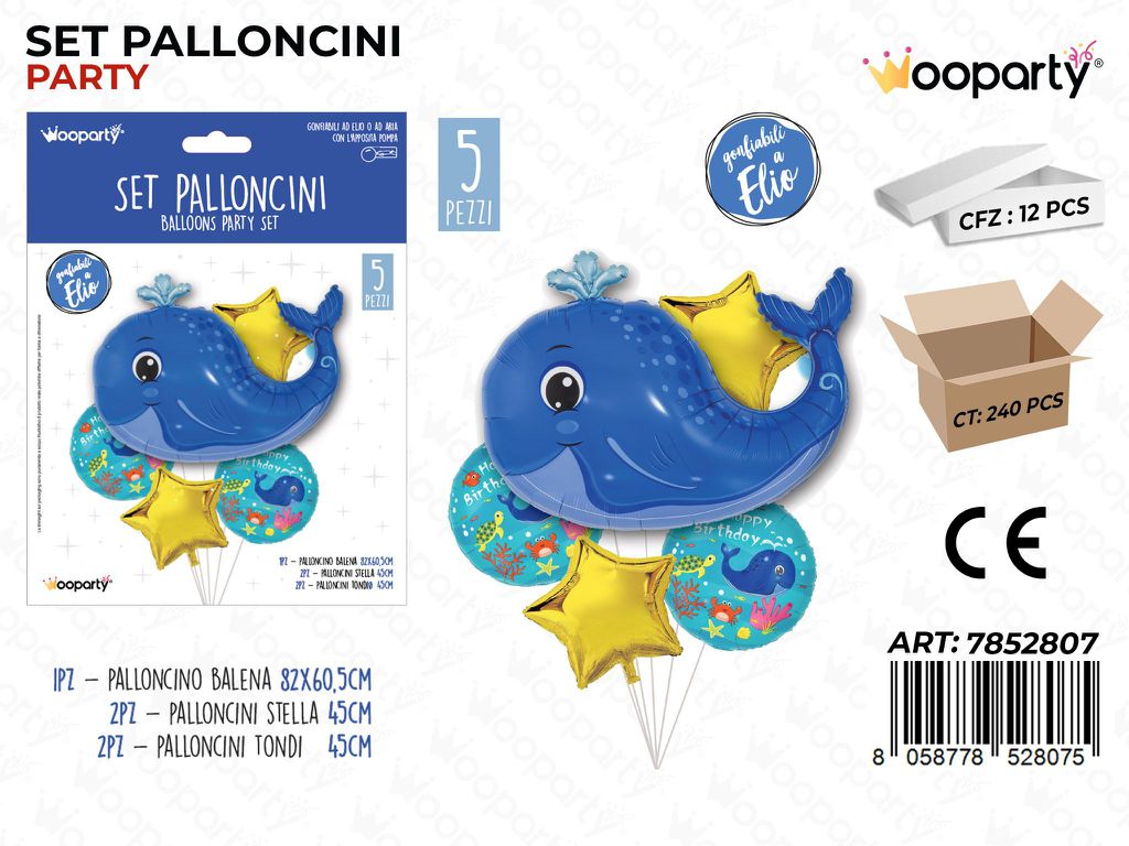 Set Palloncini H. Birthday Balena 5PCS Ass.