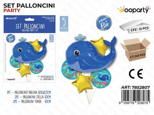 Set Palloncini H. Birthday Balena 5PCS Ass.
