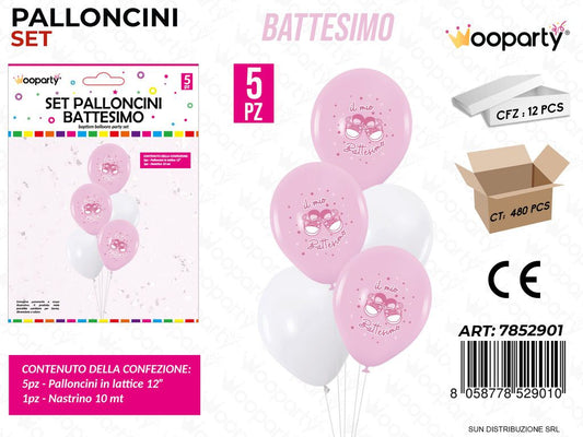 Set Palloncini Battesimo Rosa 5PCS Ass. / Pz da 12