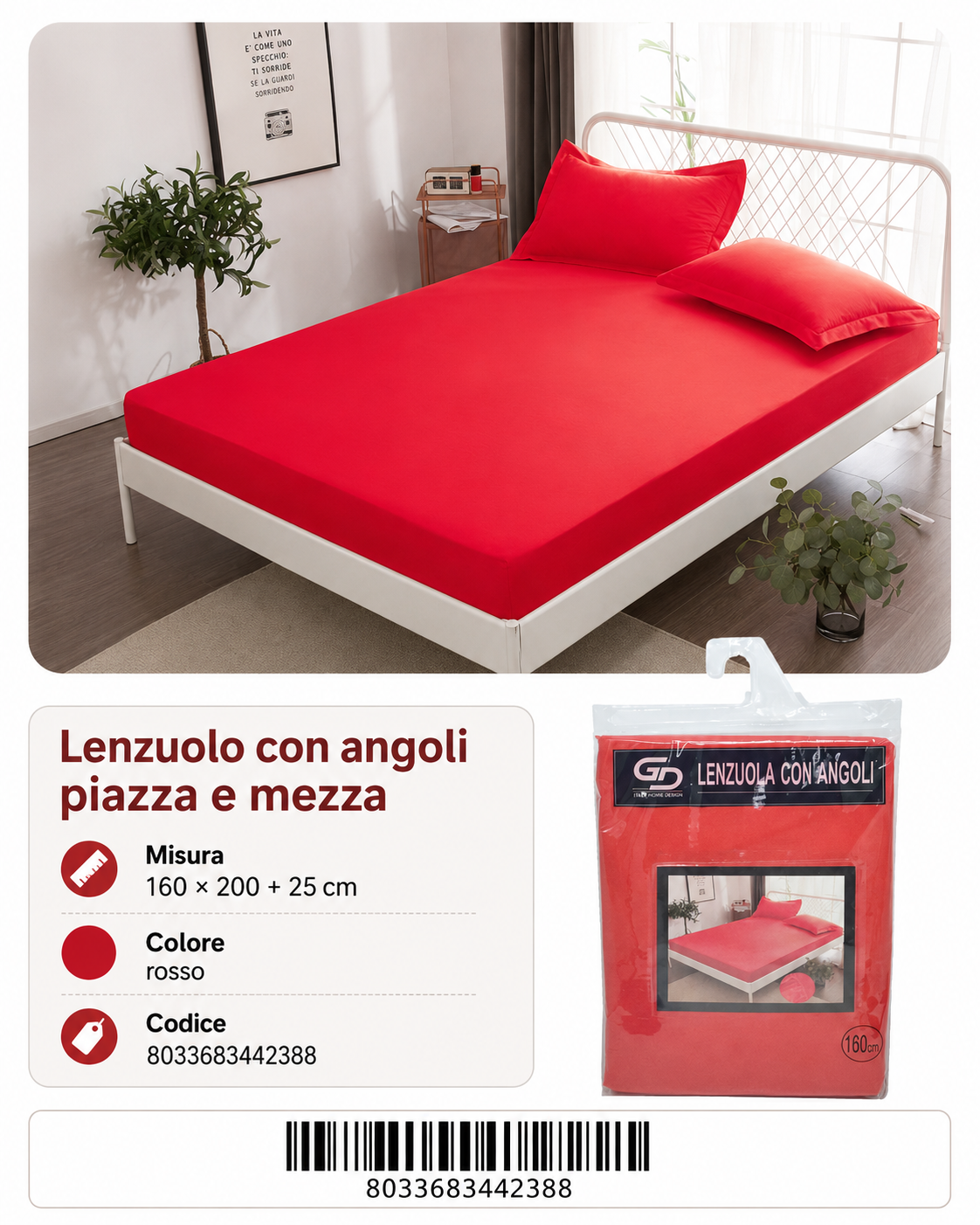 Lenzuolo Sotto Con Angoli Piazza Mezza 160*200+25Cm