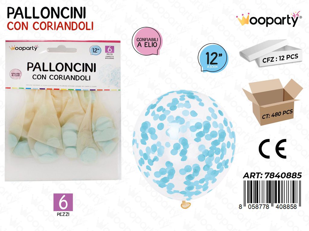 Wooparty Palloncini c/ Coriandoli Cel. 6PCS 30CM