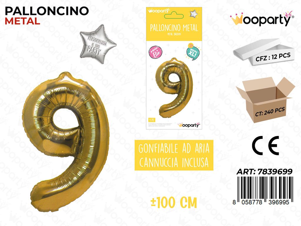 100CM Palloncino Mylar Oro Num. 9