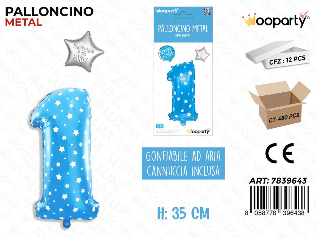 Palloncino Mylar Blu c/ Stelle N. 1 35CM