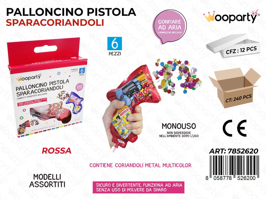 Palloncino Pistola Sparacoriandoli Rosso 6PCS