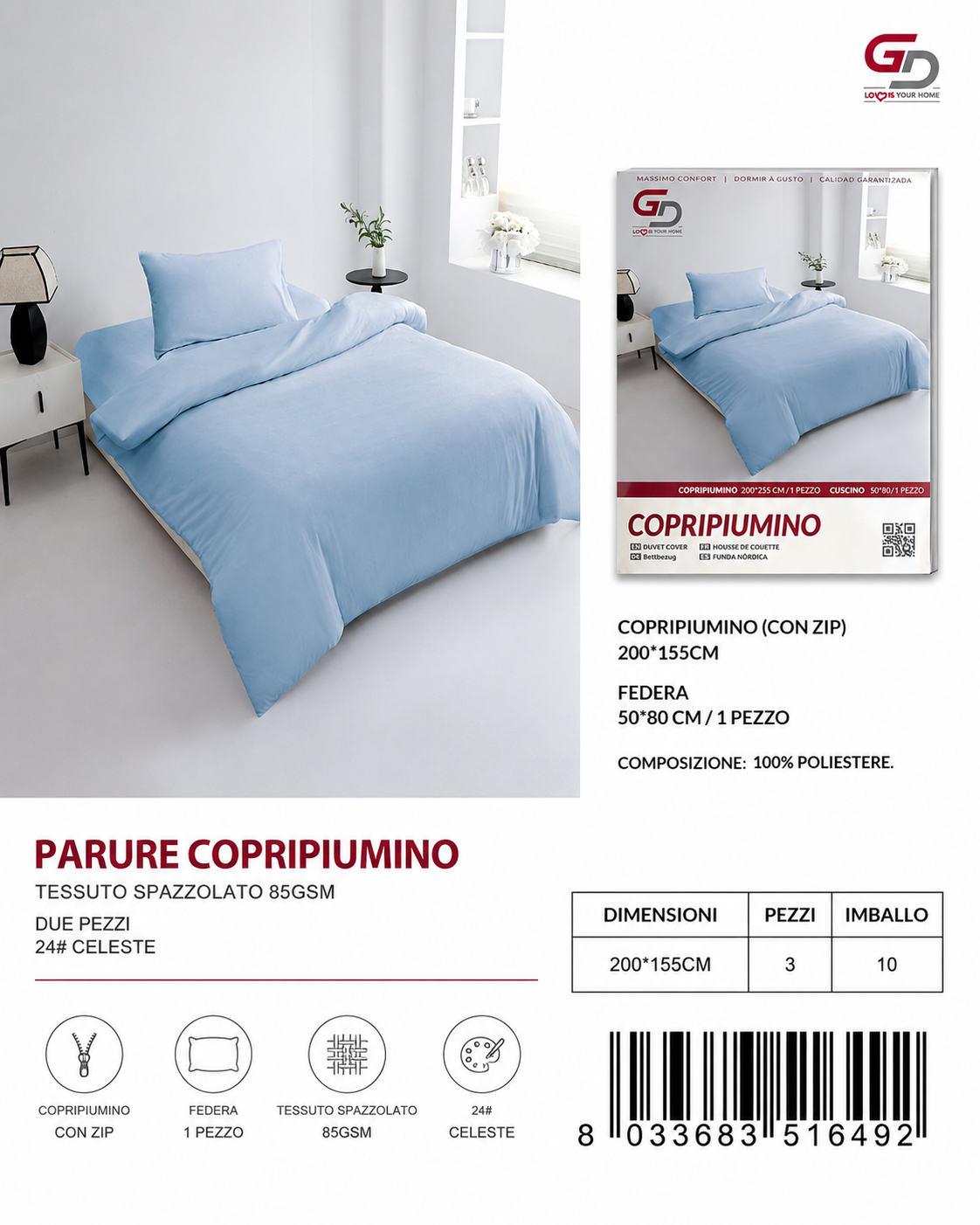 Parure Copripiumino Copripiumino+1 Federa Cuscino 200*155Cm 50*80+20Cm