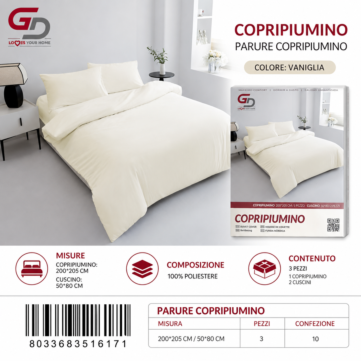 Parure Copripiumino Copripiumino+2 Federe Cuscino 200*205Cm 50*80+20Cm