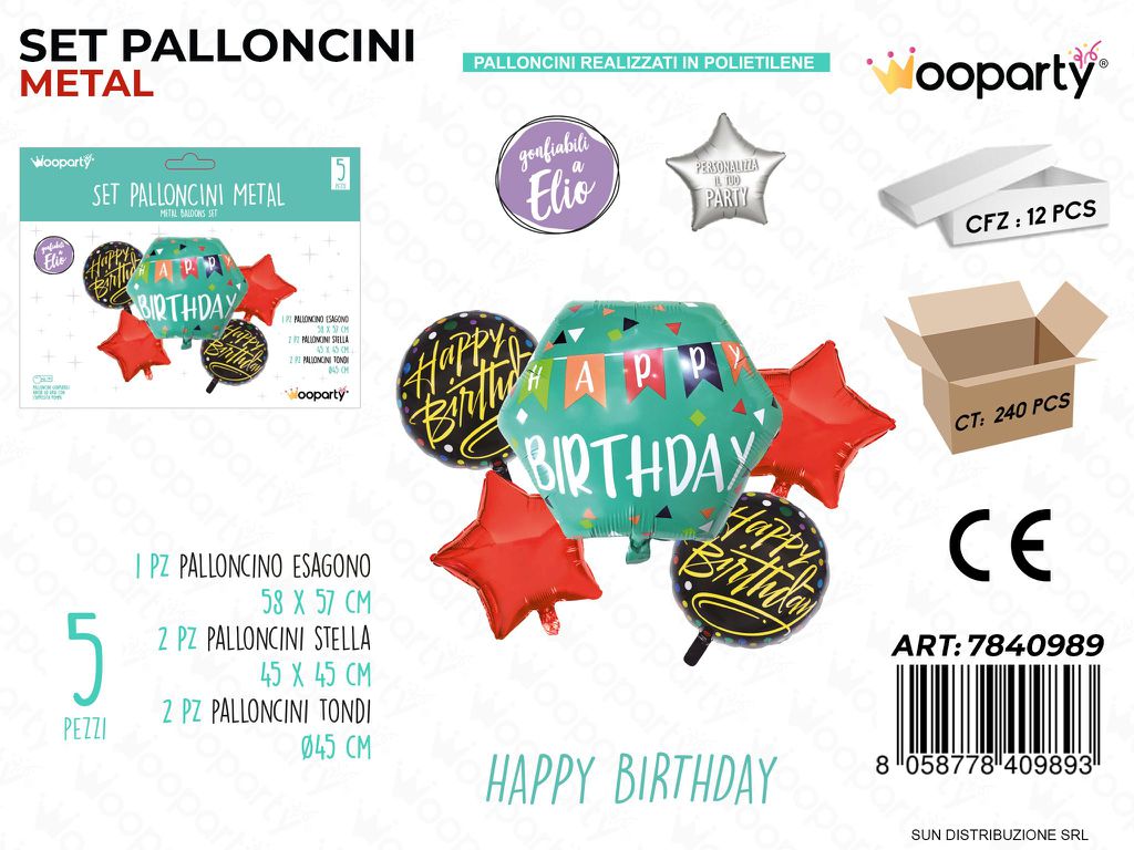 Set Palloncini Metal Happy Birthday 5PCS Ass.