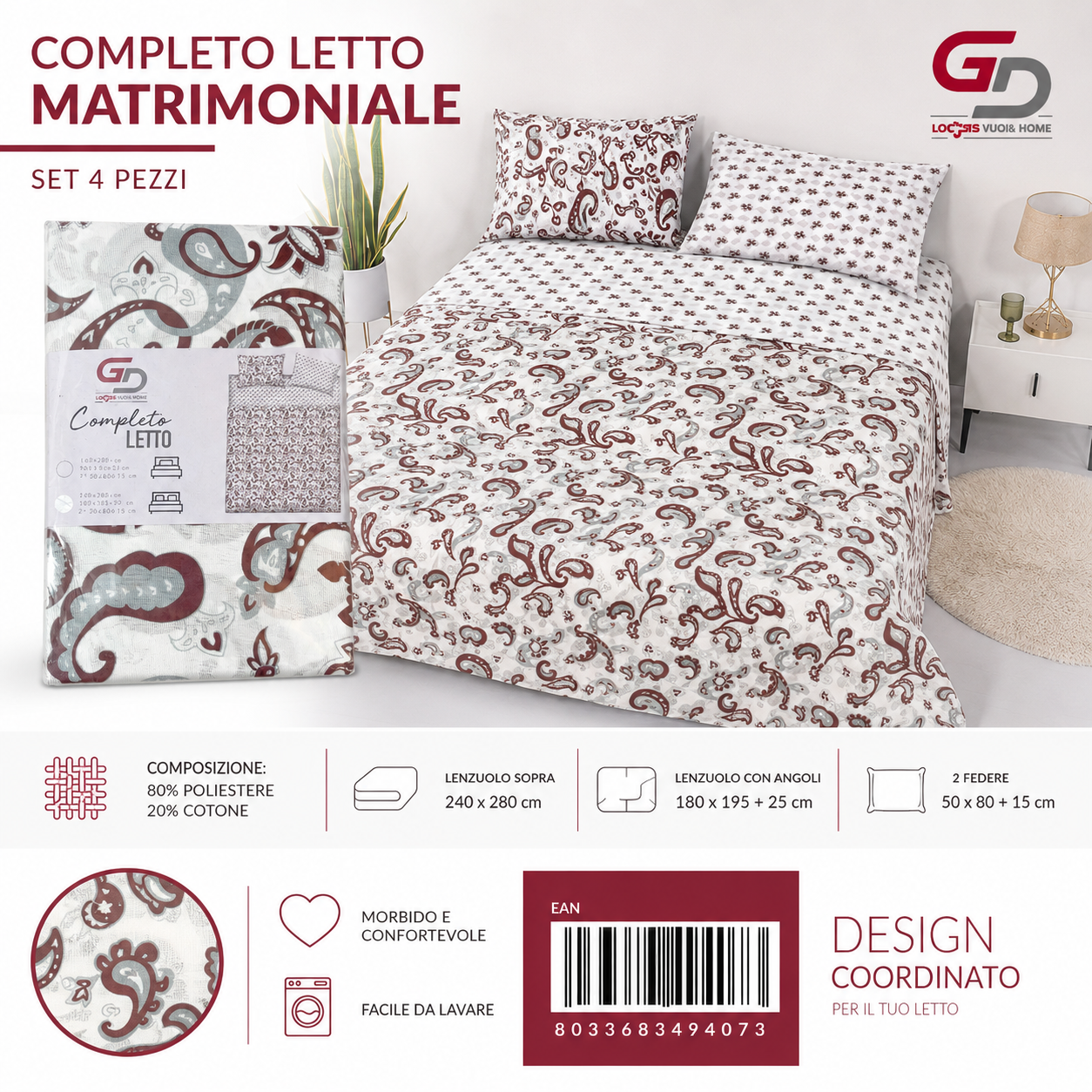 Set Di Lenzuola Matrimoniale 240X280+180X200+5080 Mz-379 Cw2-Ltm