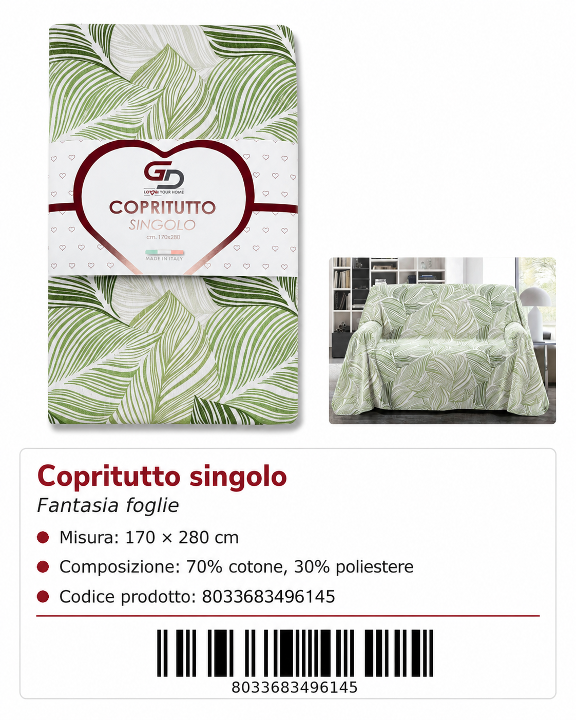 Copritutto 1P Stp Copritutto Foglia 26 Verde 170 X 280 Cm Un Colore Per Box