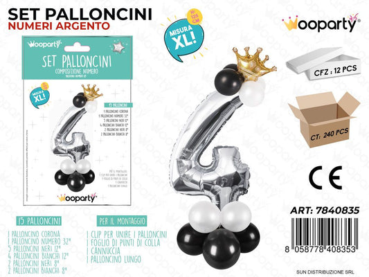 Set 15 Palloncini Argento c/ Corona Xl N.4