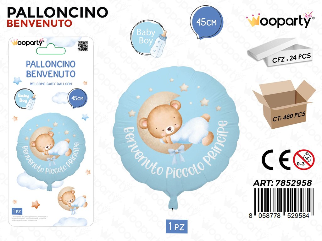 Wooparty Palloncino Battesimo Boy 45CM