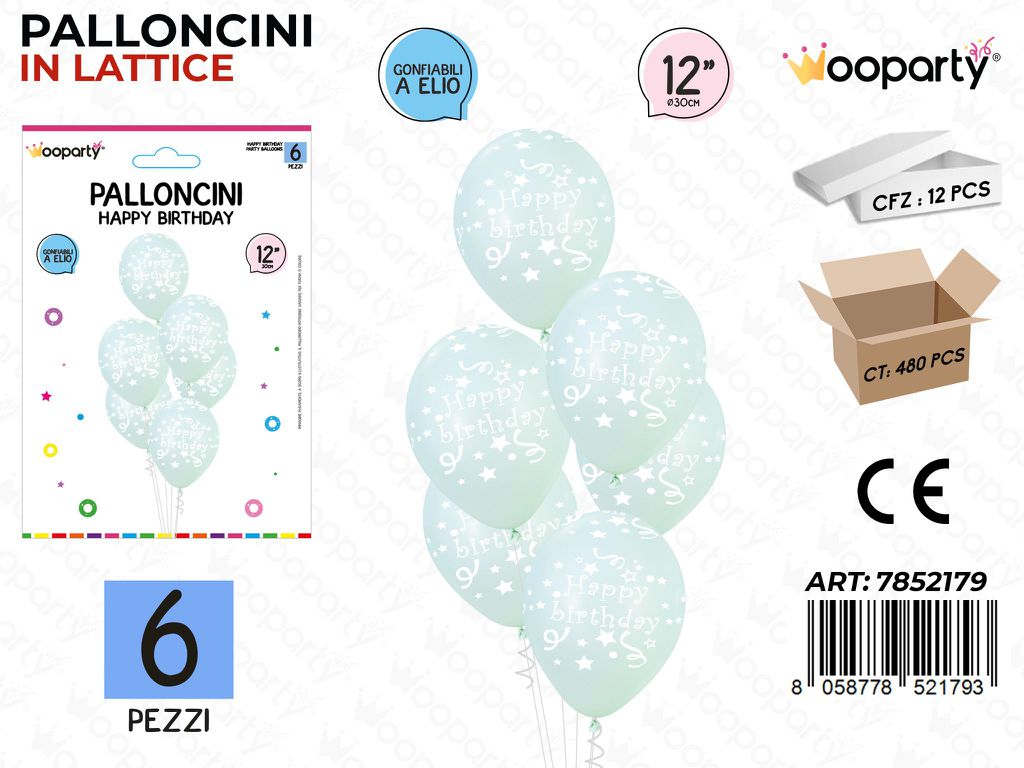Wooparty Palloncini H. Birthday Ve Acqua 6PCS 30CM