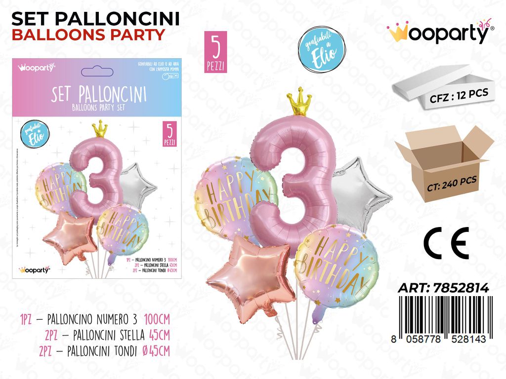 Set Palloncini H. Birthday 3 Rosa 5PCS