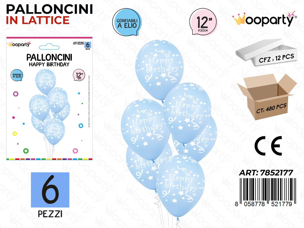 Wooparty Palloncini H. Birthday Cel. 6PCS 30CM