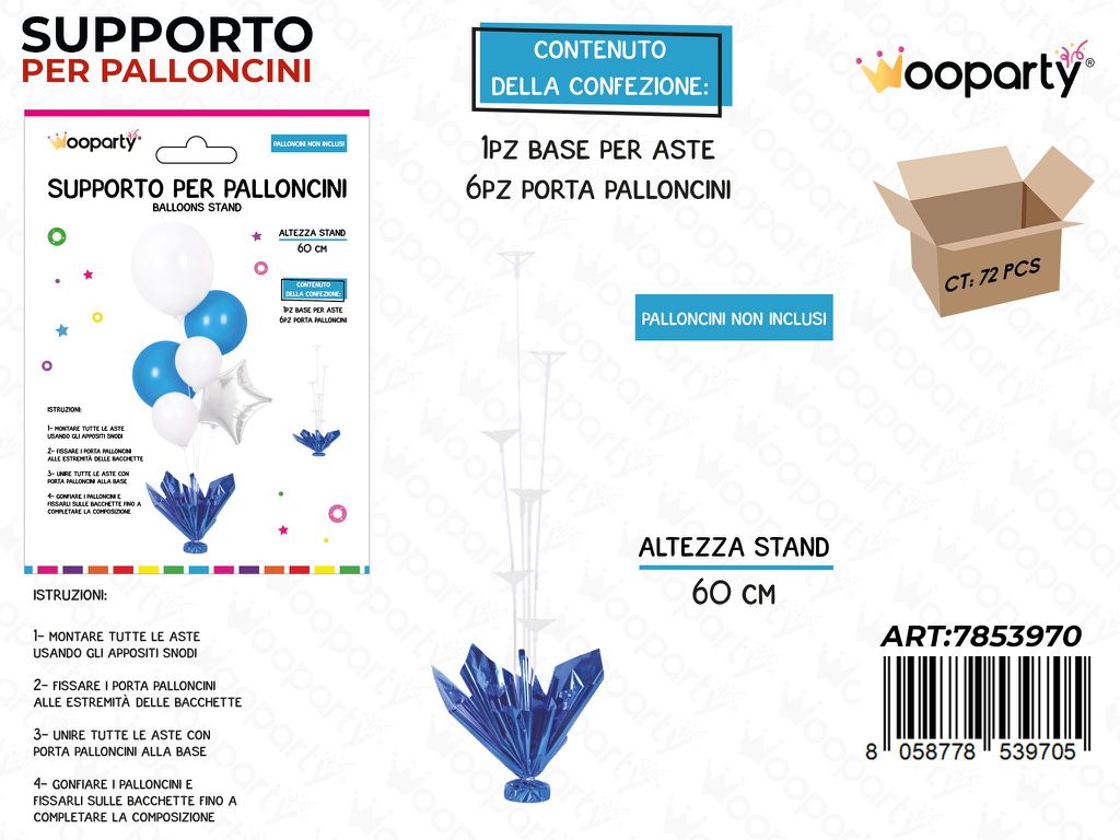 Wooparty Supporto Palloncini Blu 60CM