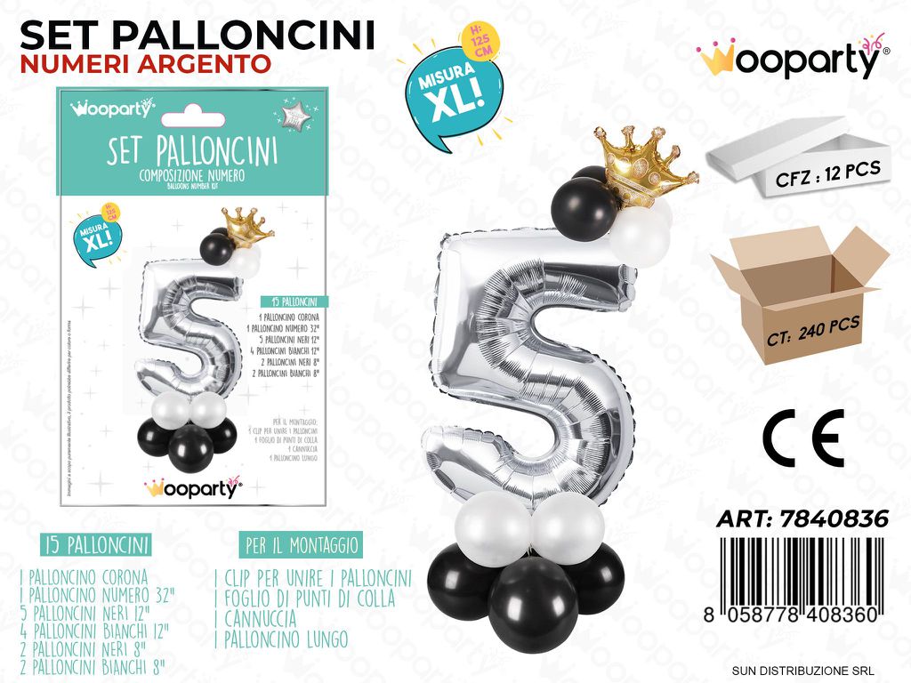 Set 15 Palloncini Argento c/ Corona Xl N.5