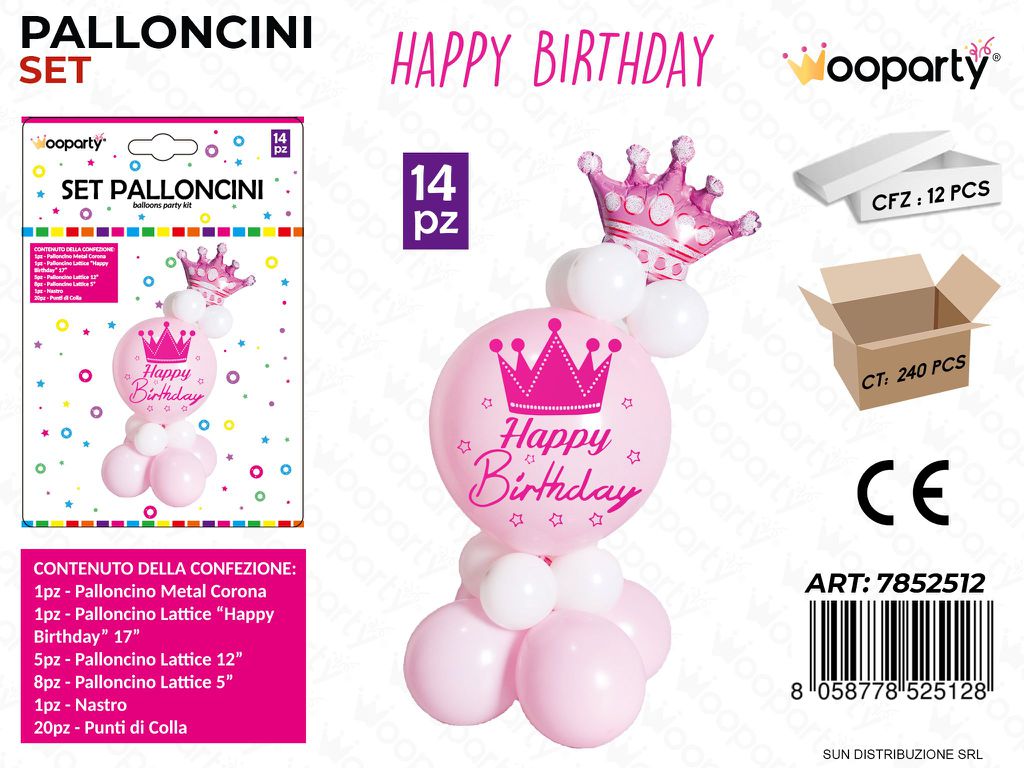 Set Palloncini Happy Birthday Rosa 14PCS