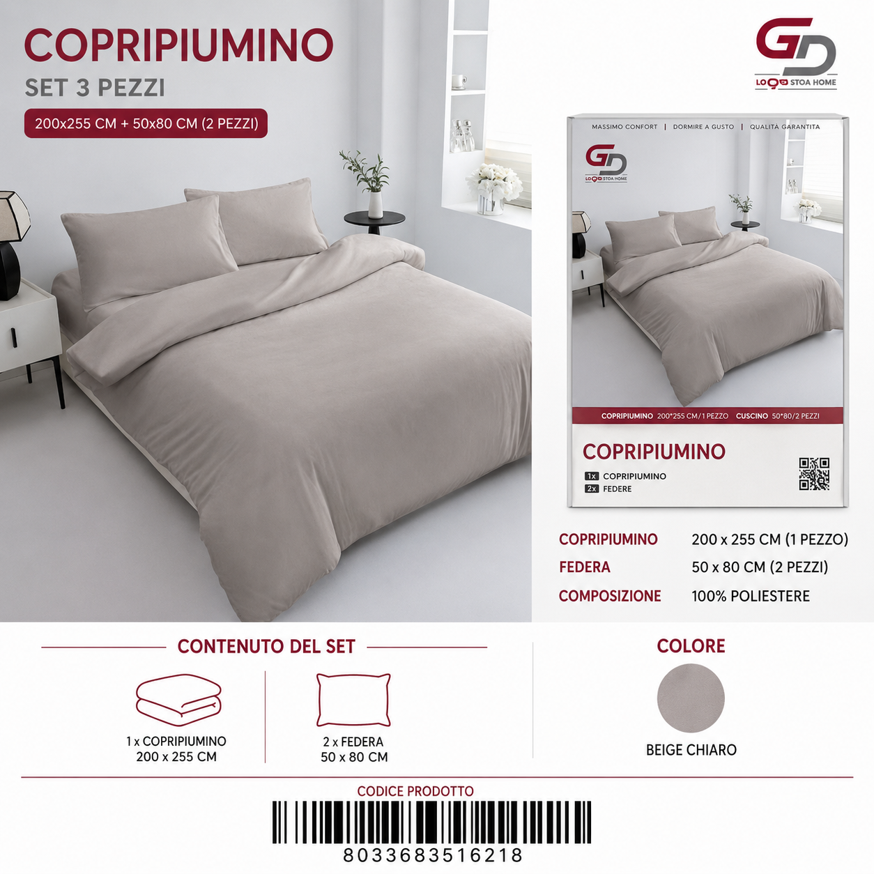 Parure Copripiumino Copripiumino+2 Federe Cuscino 200*255Cm 50*80+20Cm