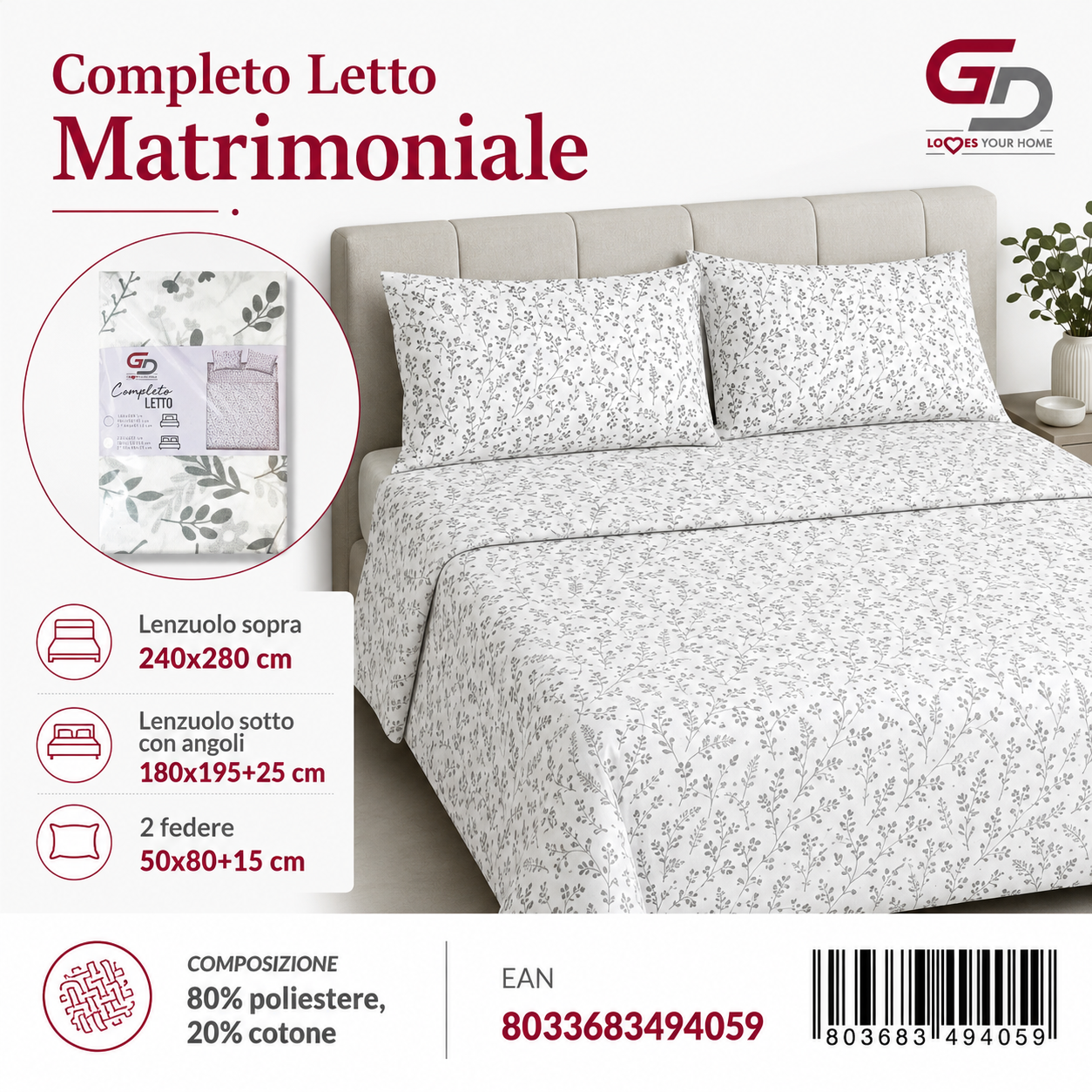 Set Di Lenzuola Matrimoniale 240X280+180X200+5080 Hr 15-Ltm