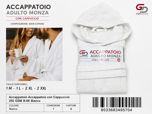 Accappatoio Hooded Bathrobe 350 Gsm B-06 White